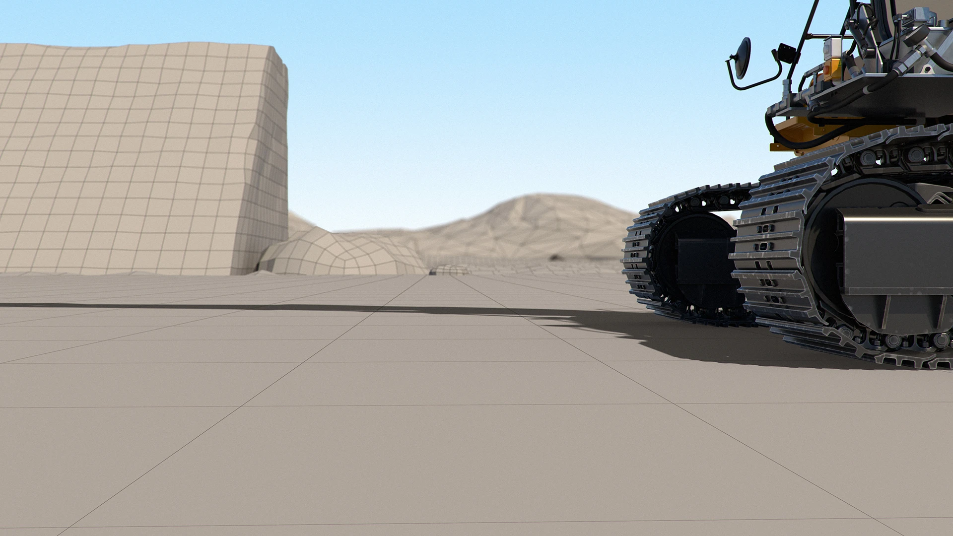En 3D-modell av en bulldozer med bandhjul på en plan yta framför digitala polygonala bergsformationer.