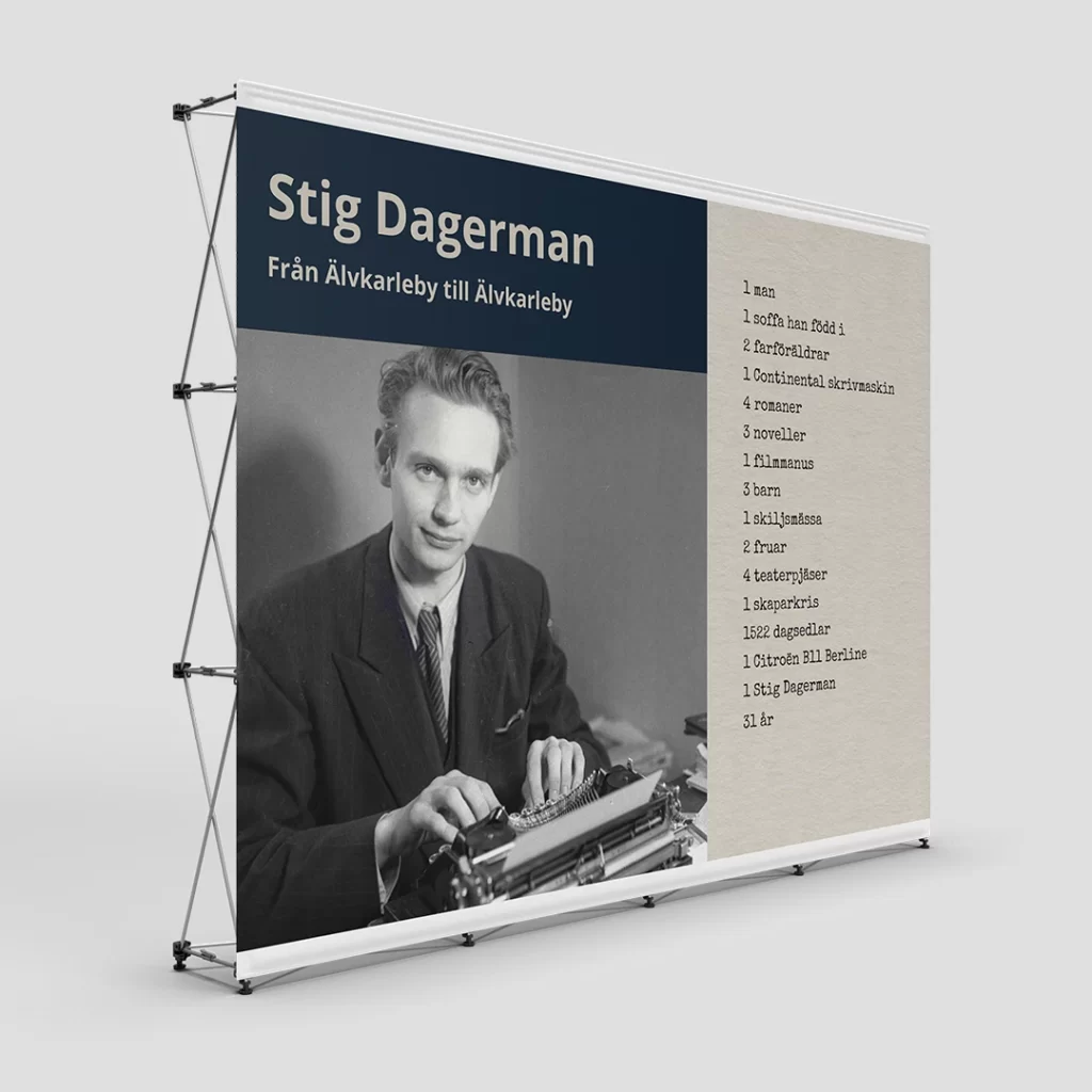 En popup-panel visar ett fotografi av Stig Dagerman sittande framför en skrivmaskin. Till höger om fotot finns en lista skriven i skrivmaskinstil som listar olika element och händelser ur hans liv.